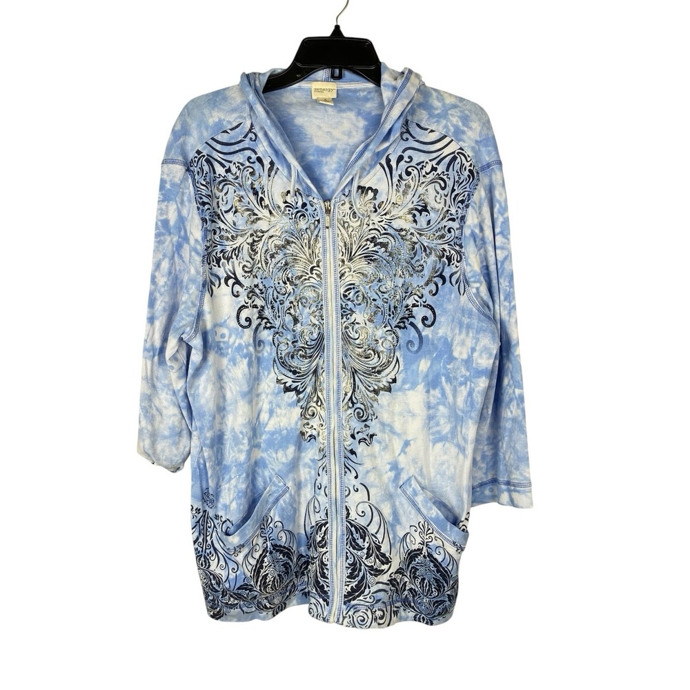 Chicos Embellished Zip Up Jacket Cotton Rhinestone Y2K sz 3 / XL Blue Grunge